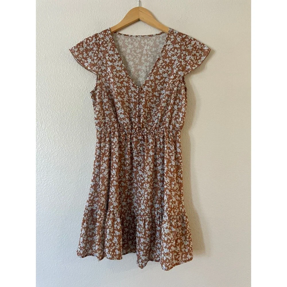 Floral V-Neck Mini Dress Khaki Brown Flutter Sleeve Elastic Waist PY0015 OS